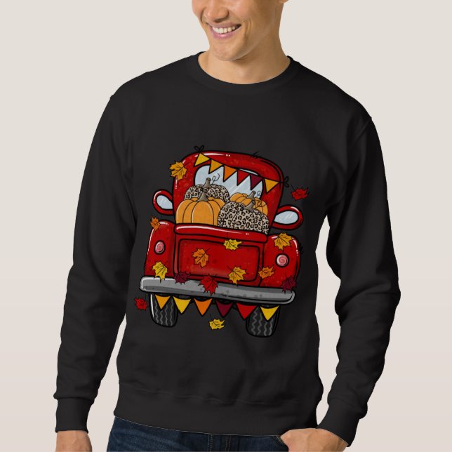 Leopard Pumpkin Farm Truck Maple leaves Hello Fall Sweatshirt (Front)