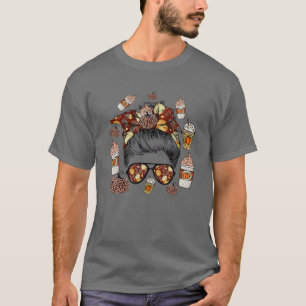 Leopard Pumpkin Spice Latte Coffee Messy Bun Thank T-Shirt