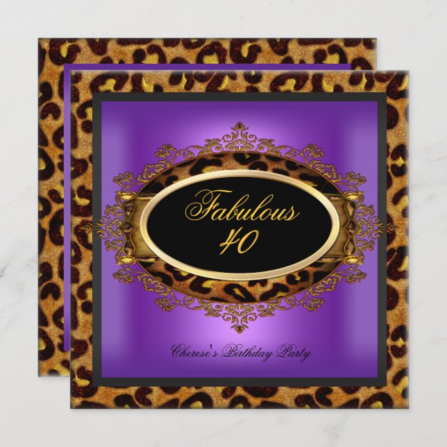 Leopard Purple Gold Black Birthday Fabulous 40 Invitation (Front/Back)