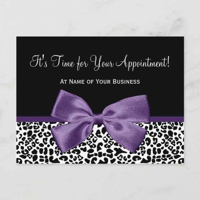 Leopard Purple Ribbon Salon Appointment Reminder Postcard (Front)