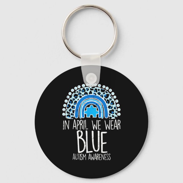 Leopard Rainbow April We Wear Blue Autism Awarenes Key Ring (Front)