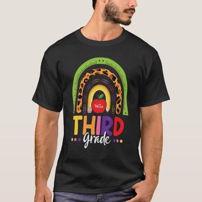 Leopard Rainbow Hello Third Grade Teacher Back To  T-Shirt (Front)