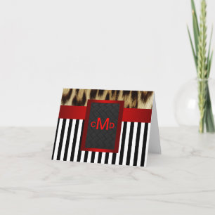 Leopard Red Black White Stripe Monogram Thank You Card