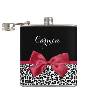 Leopard Red Bow Hip Flask