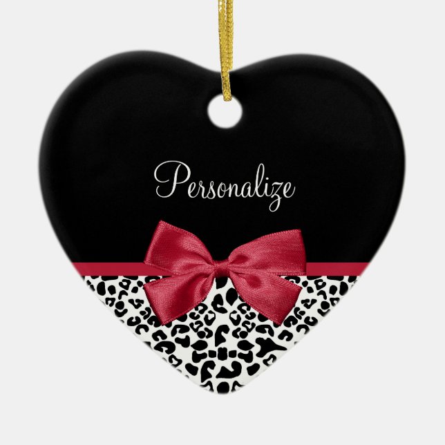 Leopard Red Bow Name Ceramic Tree Decoration (Front)