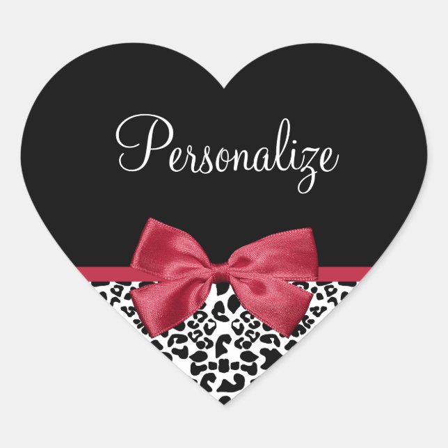 Leopard Red Bow Name Heart Sticker (Front)