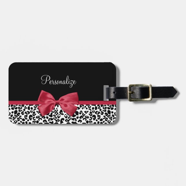 Leopard Red Bow Name Luggage Tag (Front Horizontal)