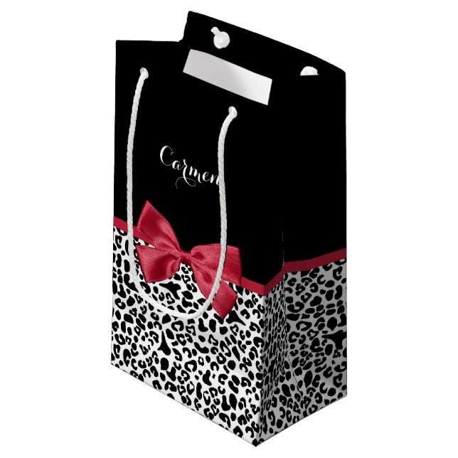 Leopard Red Bow Name Small Gift Bag (Front Angled)