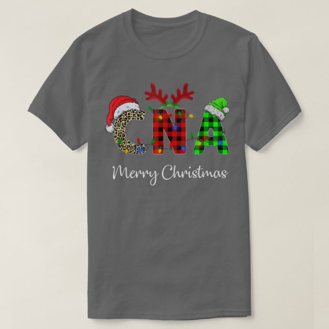 Leopard Red Plaid CNA Nursing Santa Hat Reindeer C T-Shirt (Design Front)