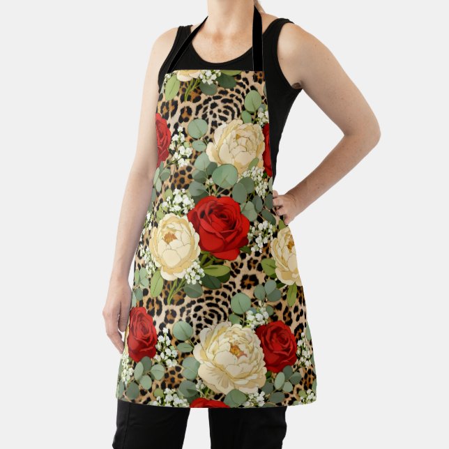 Leopard & Red Rose Pattern - Chic Floral Animal Apron (Insitu)