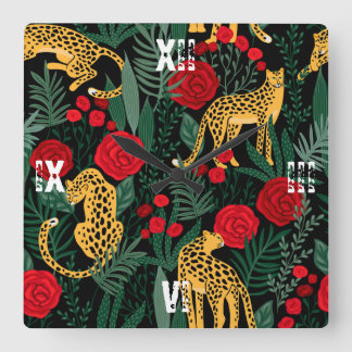 Leopard Red Roses Animal Safari Green Leaves Square Wall Clock