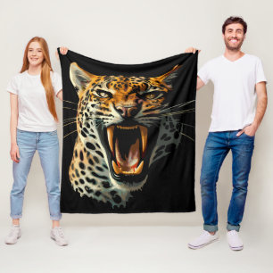 Leopard roaring attack head fleece blanket