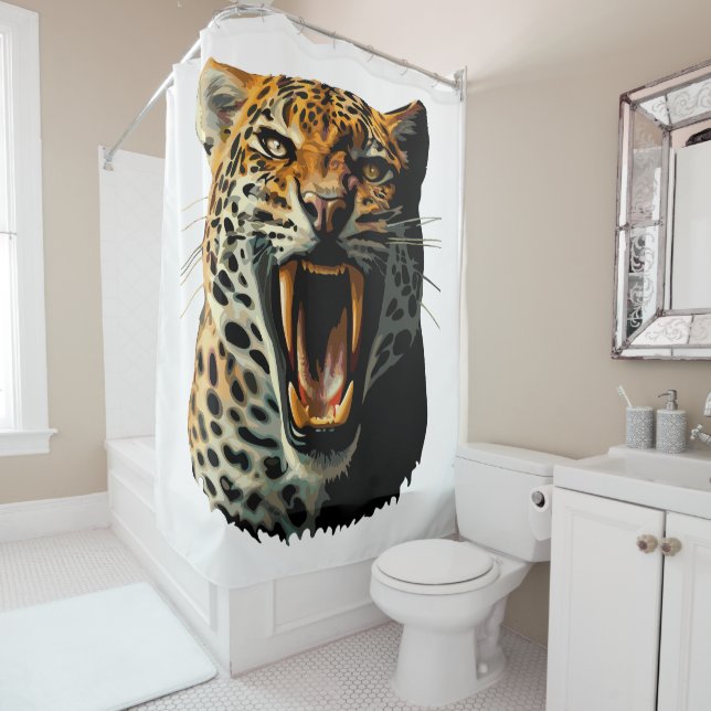 Leopard roaring attack head shower curtain (In Situ)