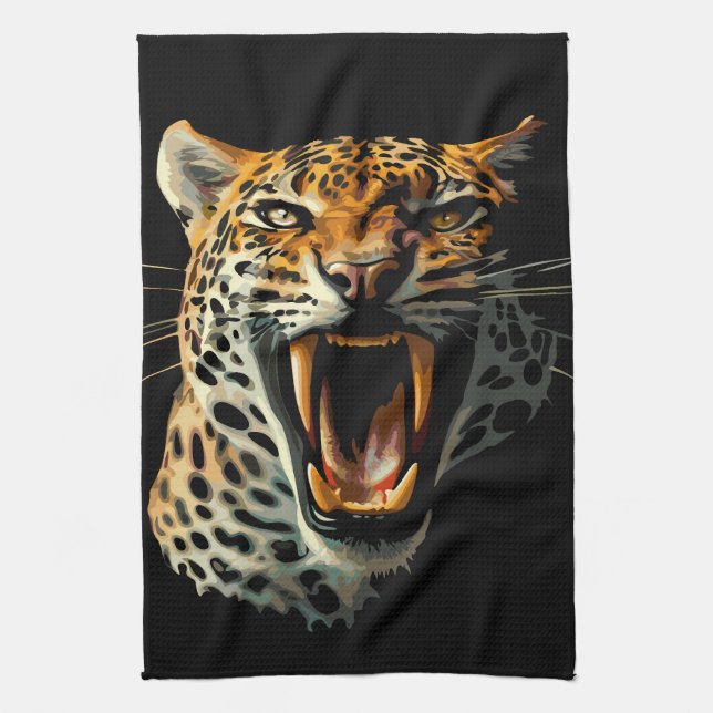 Leopard roaring attack head tea towel (Vertical)