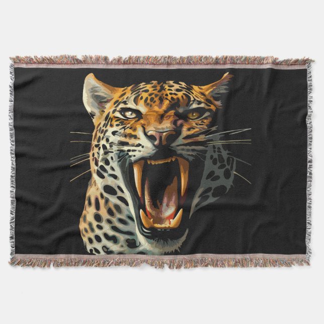 Leopard roaring attack head throw blanket (Front)