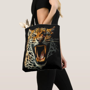 Leopard roaring attack head tote bag