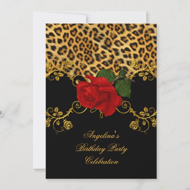 Leopard Roses Red Black Gold Birthday Party 2 Invitation (Front)