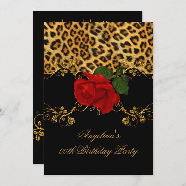 Leopard Roses Red Black Gold Birthday Party 2 Invitation (Front/Back)