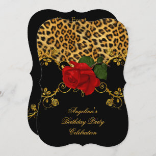 Leopard Roses Red Black Gold Birthday Party 2 Invitation
