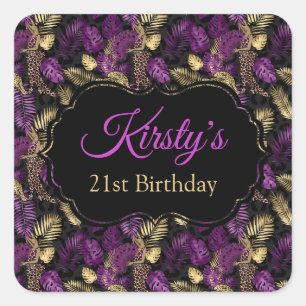 Leopard Safari Palm Leaves Purple Gold Birthday Square Sticker