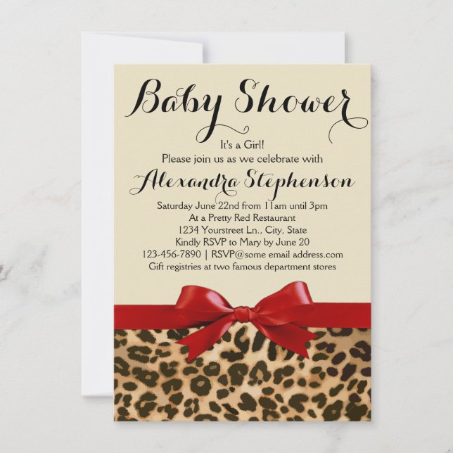 Leopard Safari Red Bow Girl Baby Shower Invitation (Front)