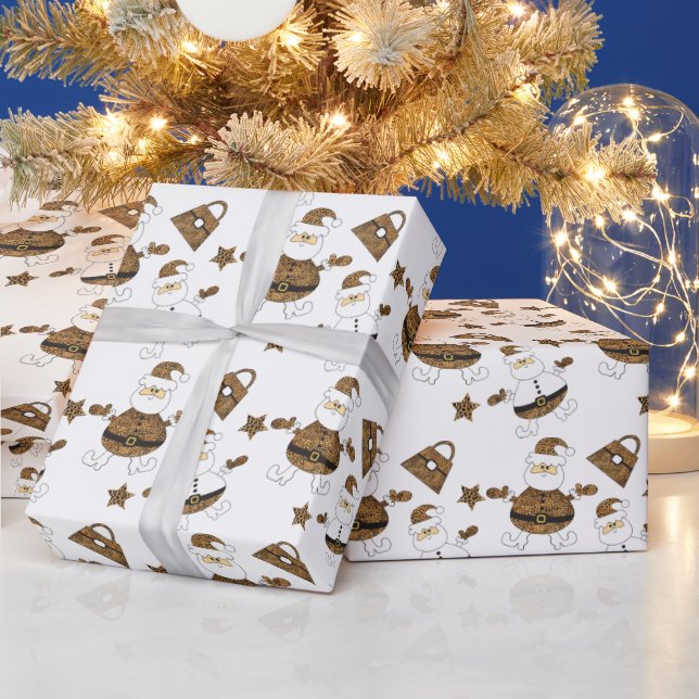 Leopard Santa Purse Star Pattern On White Wrapping Paper (Holidays)