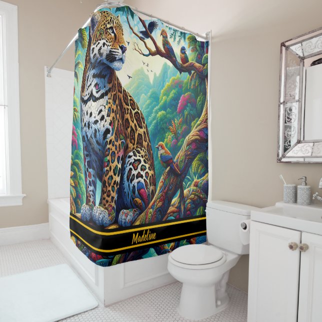 Leopard Serenity: Bold Tropical Design Shower Curtain (In Situ)