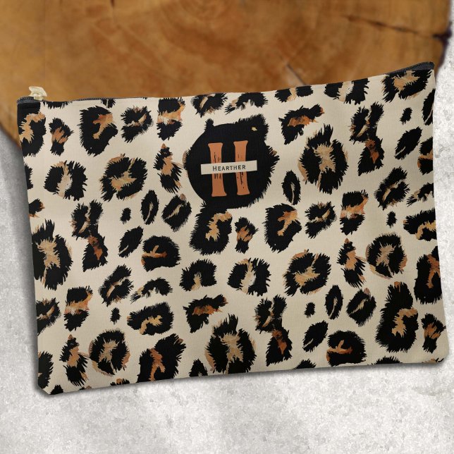 Leopard Skin, Modern Animal Pettern, Monogram Accessory Pouch (Leopard skin motif large accesory pouch.)