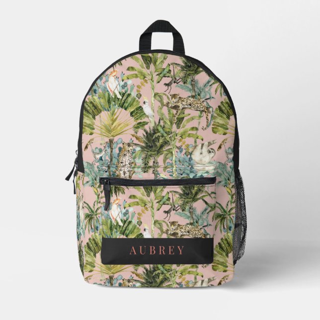 Leopard Sloth Tropical Birds Jungle Printed Backpack (Front)