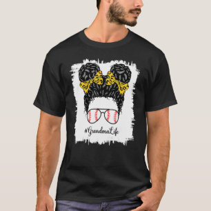 Leopard Softball Grandma Life Messy Bun Game Day M T-Shirt