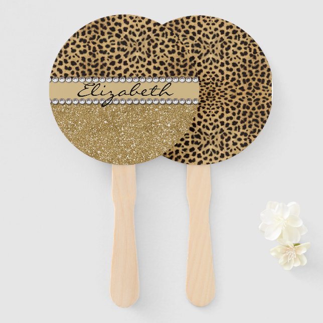 Leopard Spot Gold Glitter Rhinestone Hand Fan (Front and Back)