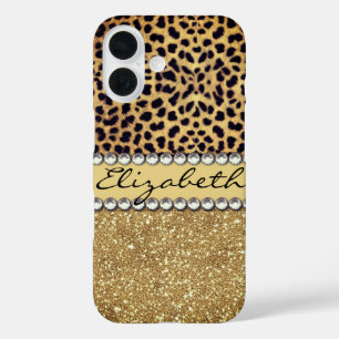 Leopard Spot Gold Glitter Rhinestone Personalise iPhone 16 Case