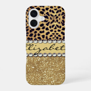 Leopard Spot Gold Glitter Rhinestone Personalise iPhone 16 Case