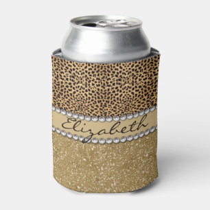 Leopard Spot Gold Glitter Rhinestone PHOTO PRINT Can Cooler