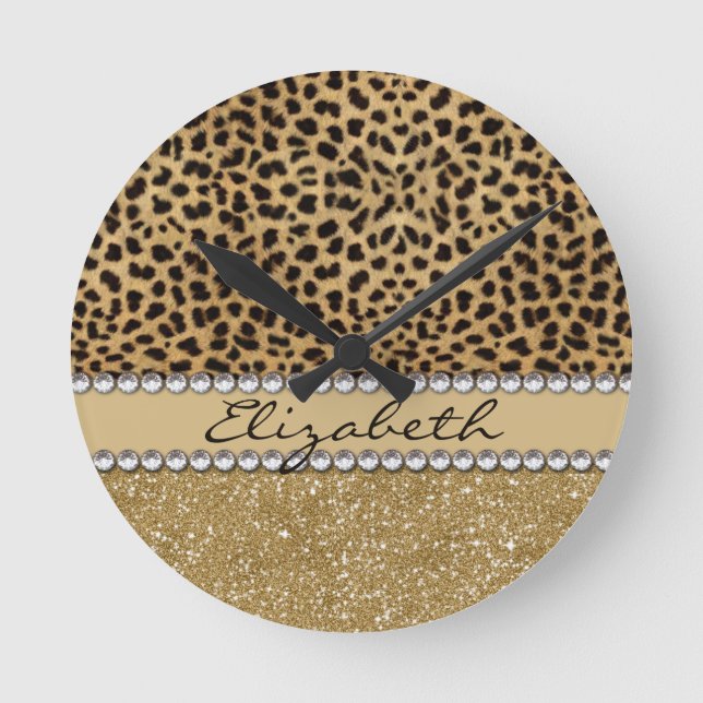 Leopard Spot Gold Glitter Rhinestone PHOTO PRINT Round Clock (Front)