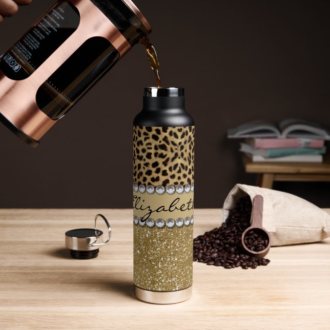 Leopard Spot Gold Glitter Rhinestone Water Bottle (Coffee)
