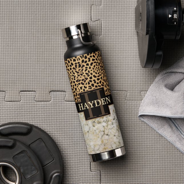 Leopard Spot Marble Monogram Name Water Bottle (Gym)