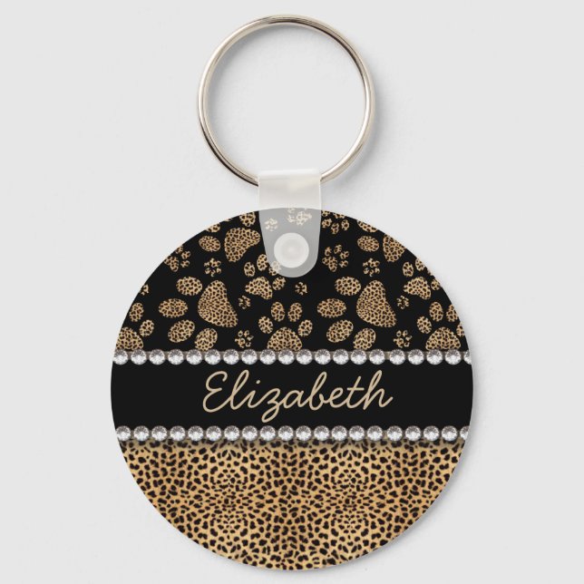 Leopard Spot Paw Prints Rhinestone PHOTO PRINT Key Ring (Front)