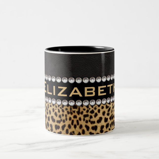 Leopard Spot Rhinestone Diamonds Monogram PHOTO Two-Tone Coffee Mug (Center)