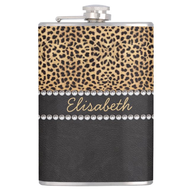 Leopard Spot Rhinestone Diamonds Personalised Hip Flask (Front)