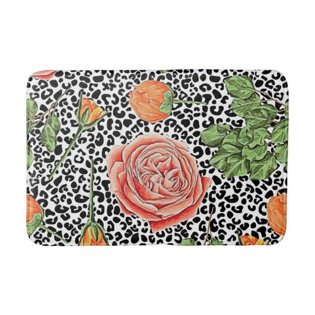 Leopard Spots Orange Floral Animal Pattern Bath Mat (Front)