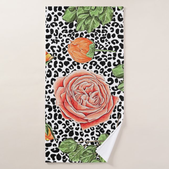 Leopard Spots Orange Floral Animal Pattern Bath Towel (Bath Towel)