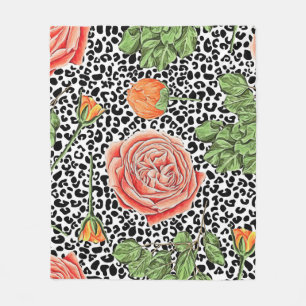 Leopard Spots Orange Floral Animal Pattern Fleece Blanket