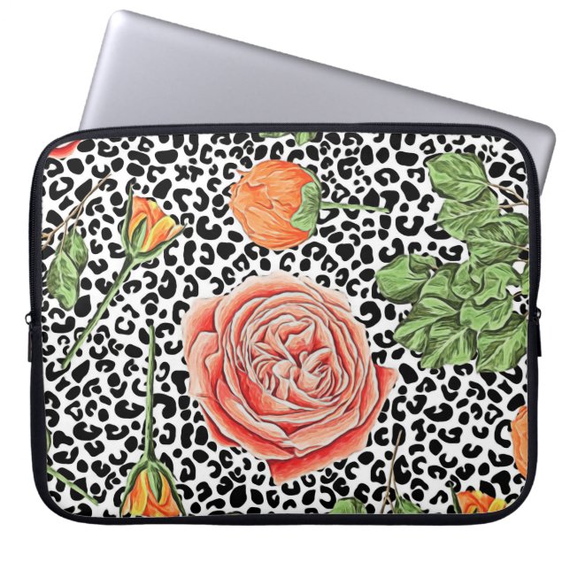 Leopard Spots Orange Floral Animal Pattern Laptop Sleeve (Front)