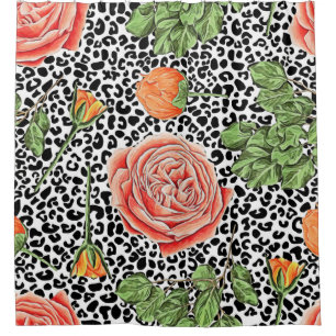 Leopard Spots Orange Floral Animal Pattern Shower Curtain