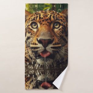Leopard Stares While Lapping Water in Jungle Bath Towel