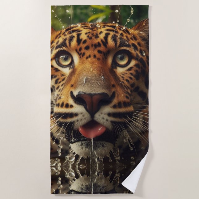 Leopard Stares While Lapping Water in Jungle  Beach Towel (Front)