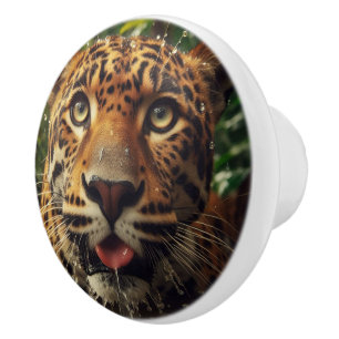 Leopard Stares While Lapping Water in Jungle Ceramic Knob