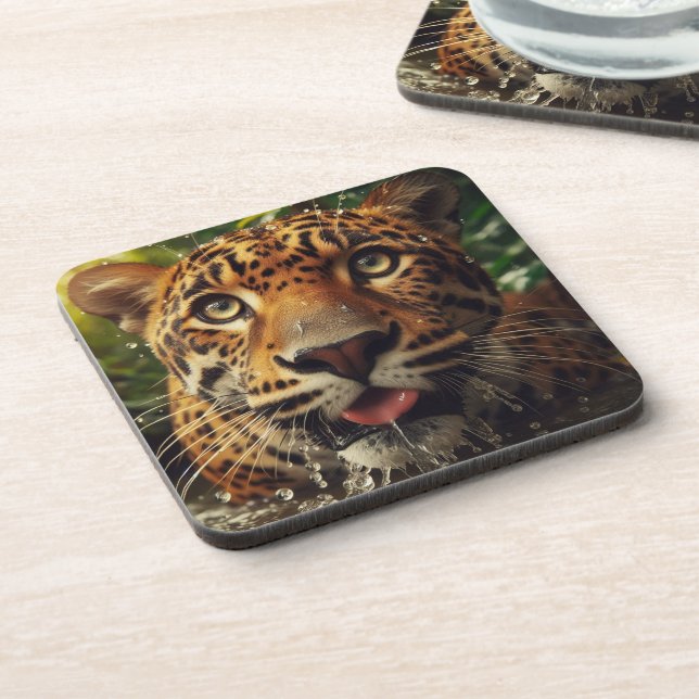 Leopard Stares While Lapping Water in Jungle  Coaster (Left Side)