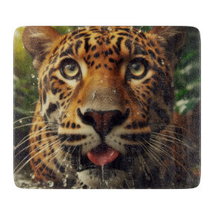 Leopard Stares While Lapping Water in Jungle Cutting Board
